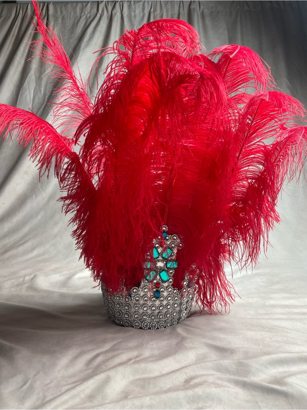 Red Feathered Showgirl Headpiece with Silver Jeweled Base